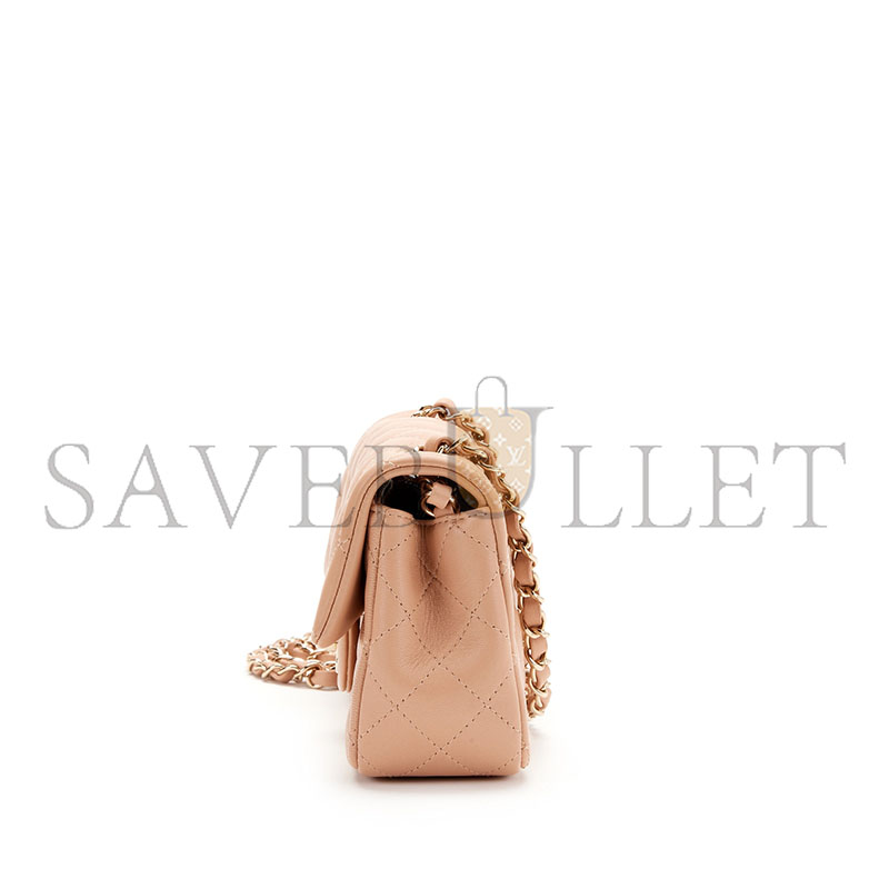 CHANEL MASTER LIGHT BEIGE QUILTED LAMBSKIN RECTANGULAR MINI CLASSIC FLAP GOLD HARDWAR AS1116 (20*12*6cm)
